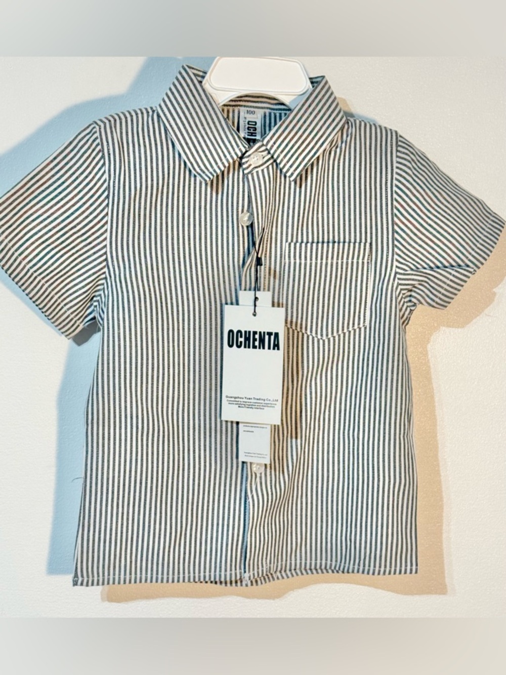Ochenta Kids' Short-Sleeve Button-Down Shirt in White and Navy Stripe